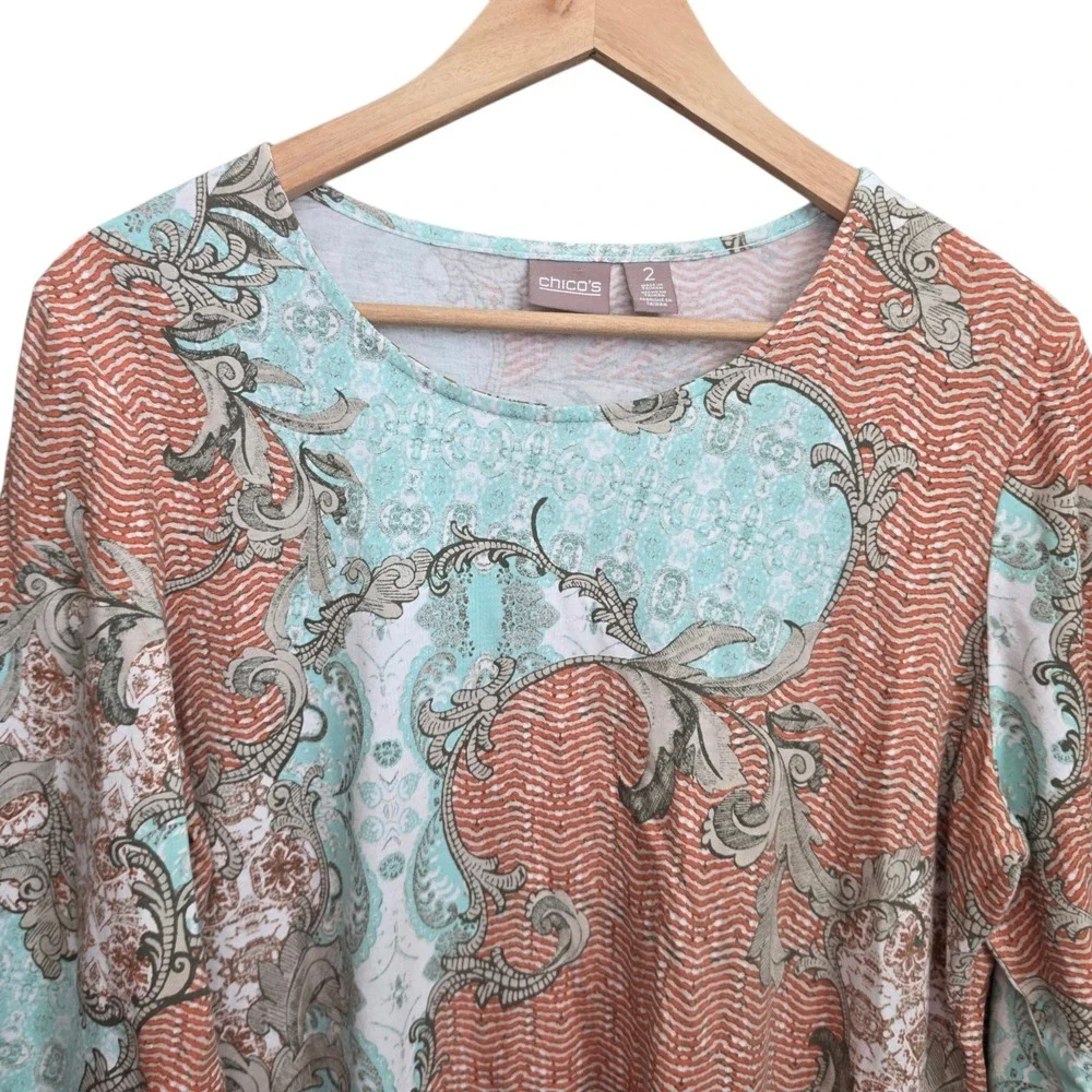 Chicos Top Womens 2‎ US Large Teal Orange Scoop Neck 3/4 Sleeve Tee Printed
